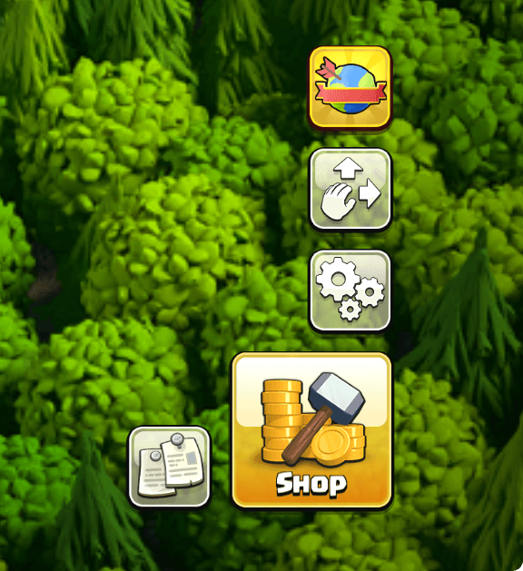 Das Einstellungs-Zahnrad von Clash of Clans, unten rechts im Dorf